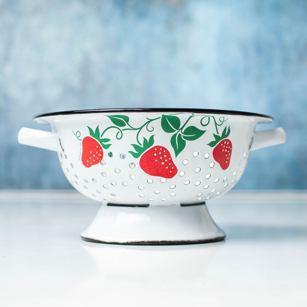 Vintage Enamelware Strawberry Colander Strainer White Red Footed Farmhouse
